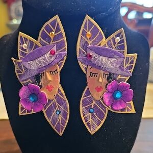 Handmade Costume Earrings featuring a stylized face Rhinestones Paris Signed